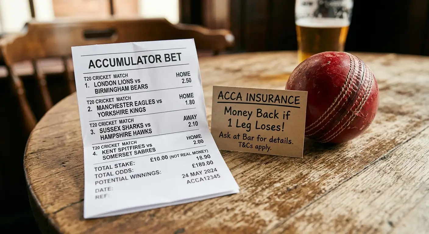 Cricket accumulator betting slip alongside an acca insurance promotion
