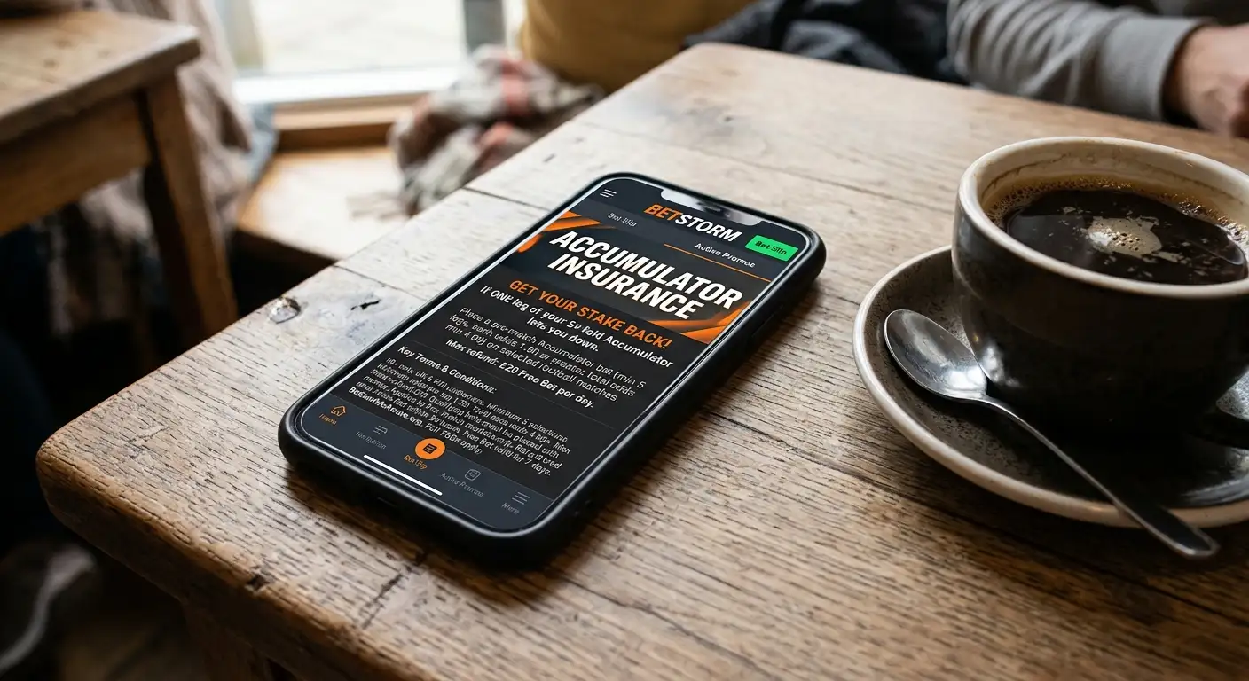 A betting app screen showing accumulator insurance terms