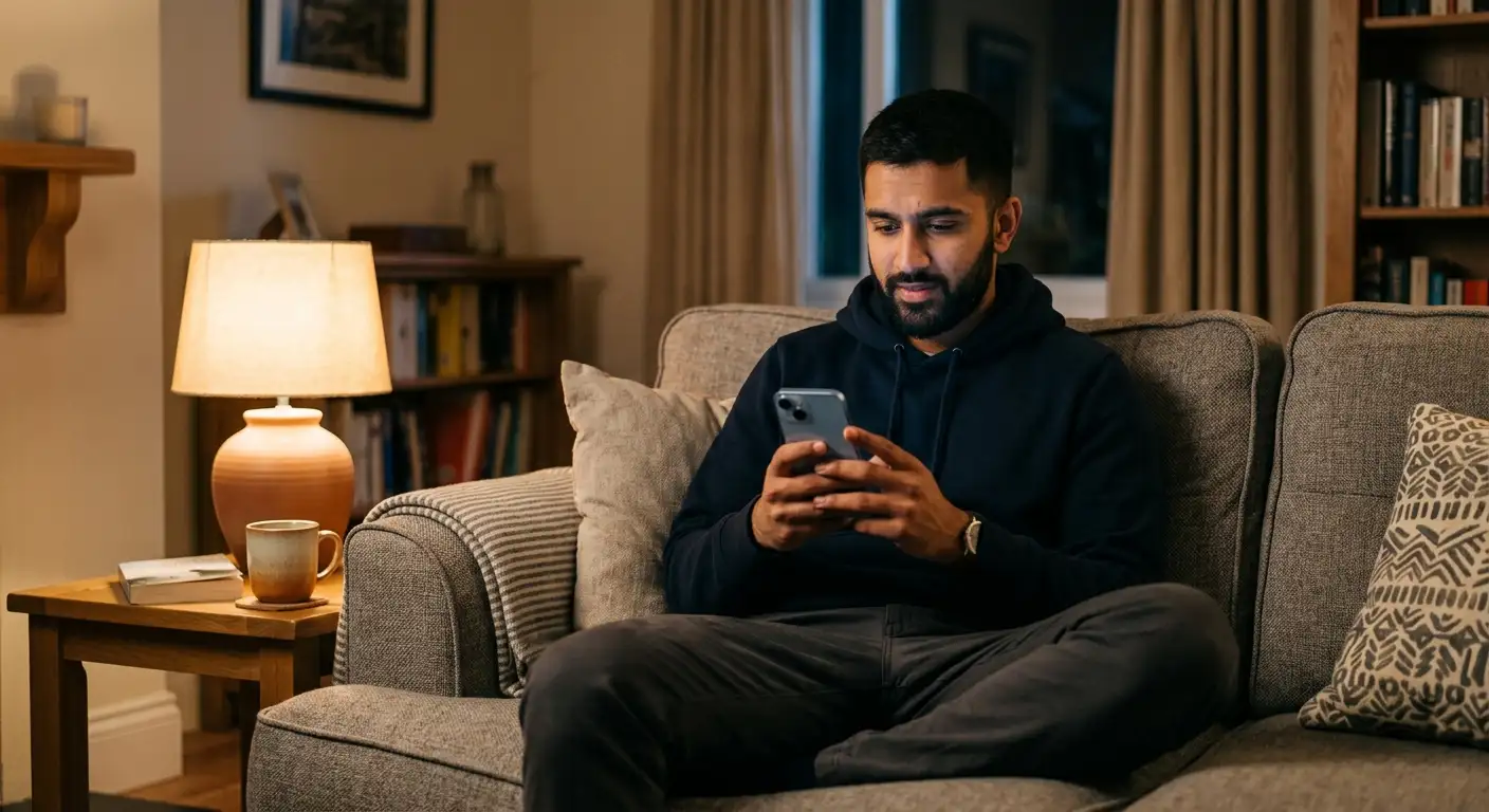 A person looking thoughtfully at a multi-leg cricket bet on a phone