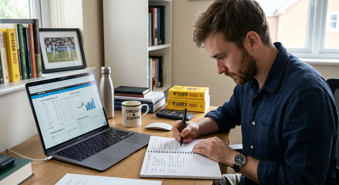A person studying cricket form notes for different formats