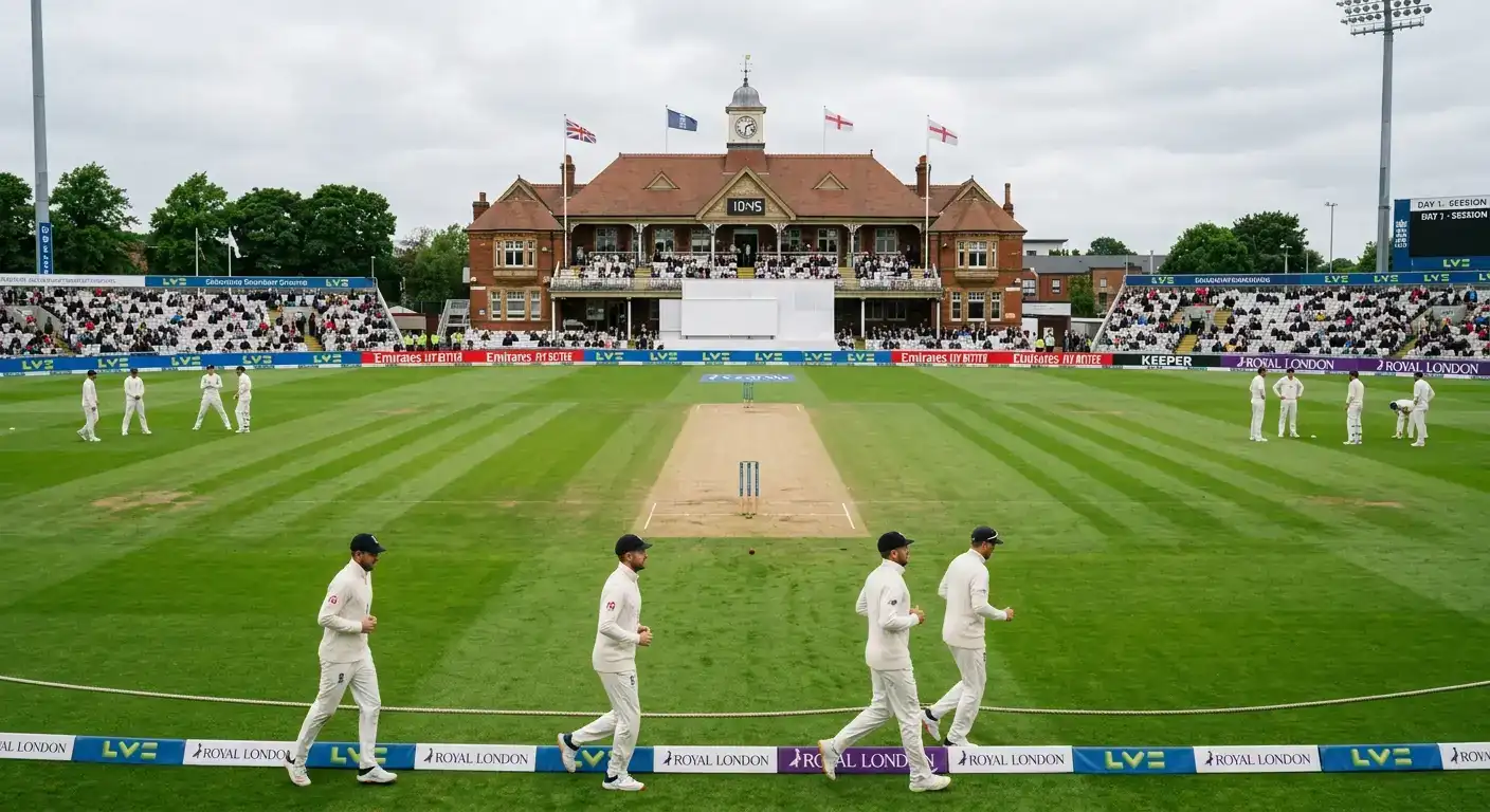 Test match cricket ground set for an Ashes fixture with players in whites