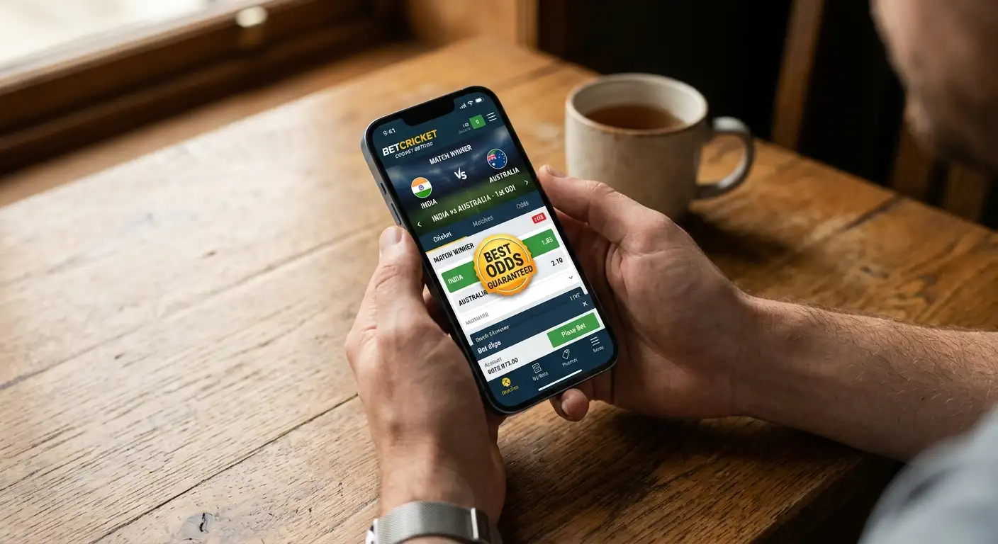 A cricket betting screen highlighting a Best Odds Guaranteed promotion