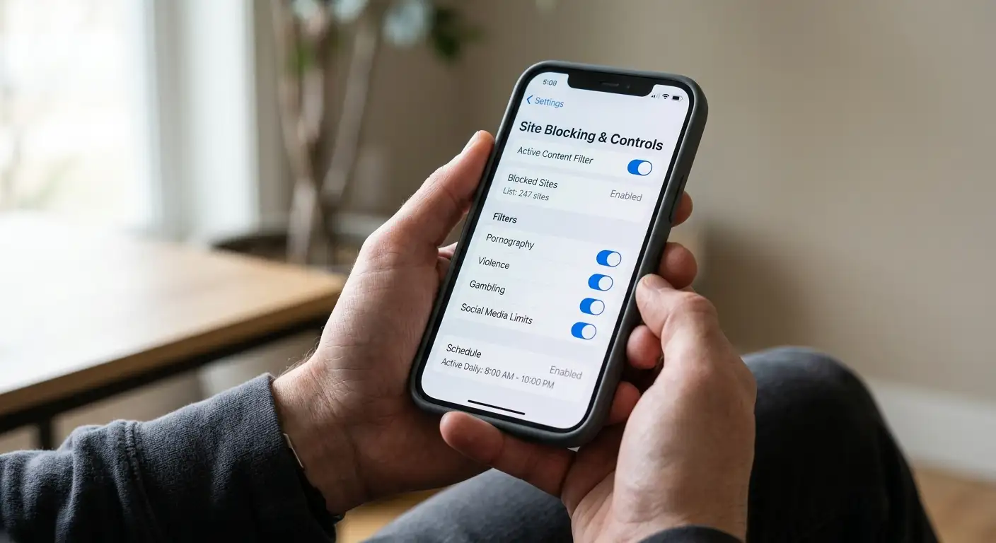 A phone showing gambling-blocking settings turned on