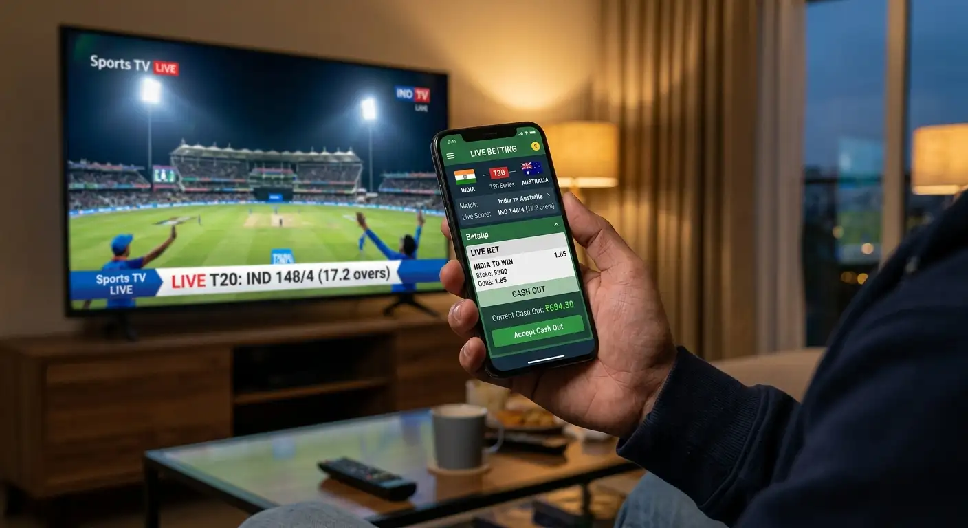 A live cricket bet slip showing a cash out value on a phone