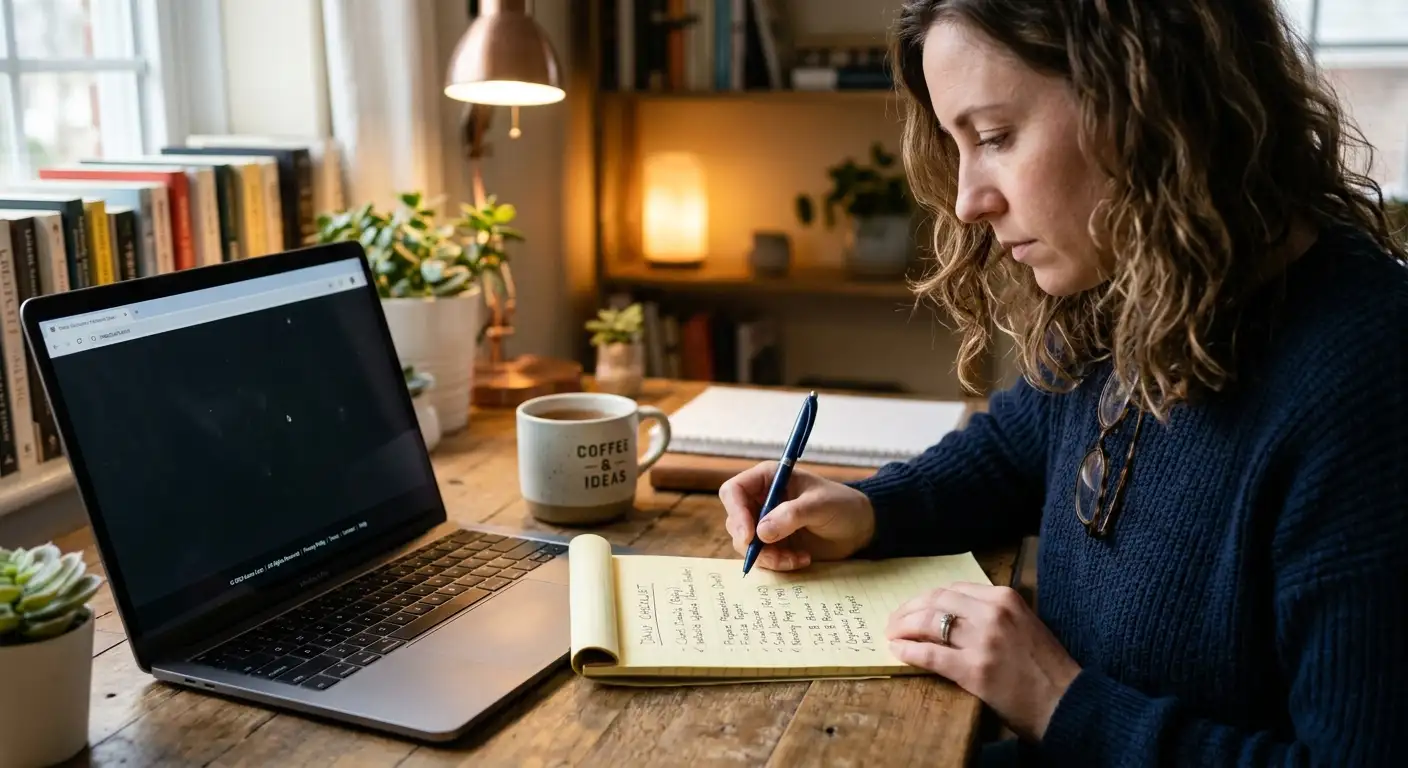 Person reviewing a cricket betting site checklist on a notepad beside a laptop