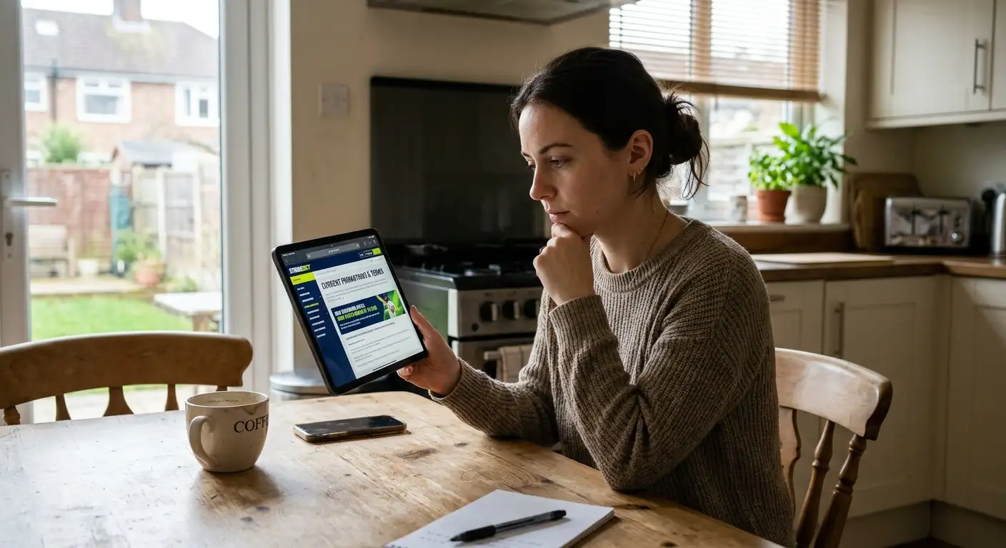 A person weighing up cricket betting site promotions on a tablet