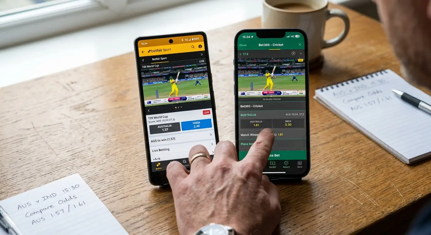 Two phones side by side comparing cricket odds at different bookmakers