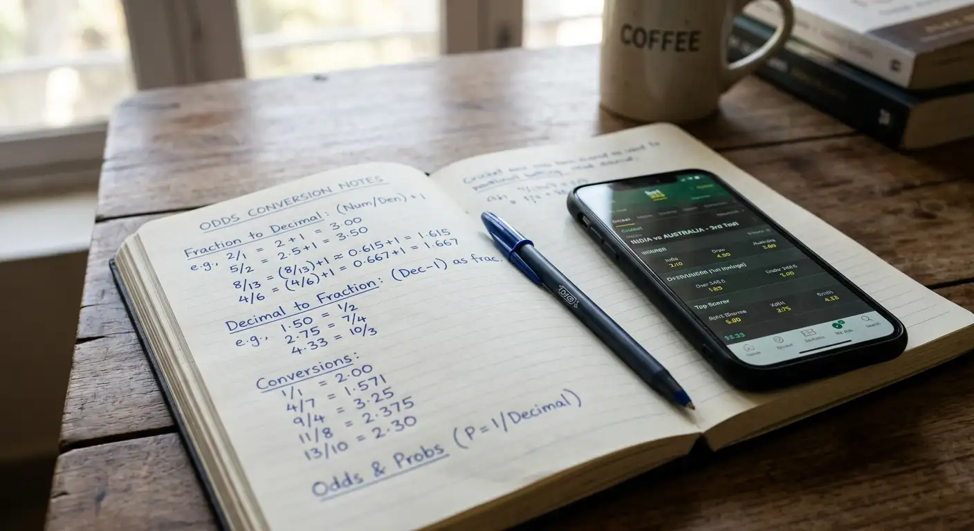 A notebook with handwritten odds conversions beside a phone showing cricket prices