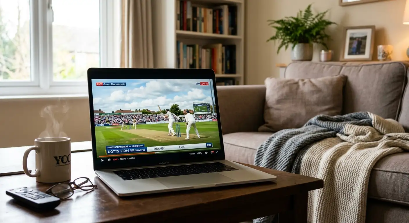 A county cricket match being streamed on a laptop at home