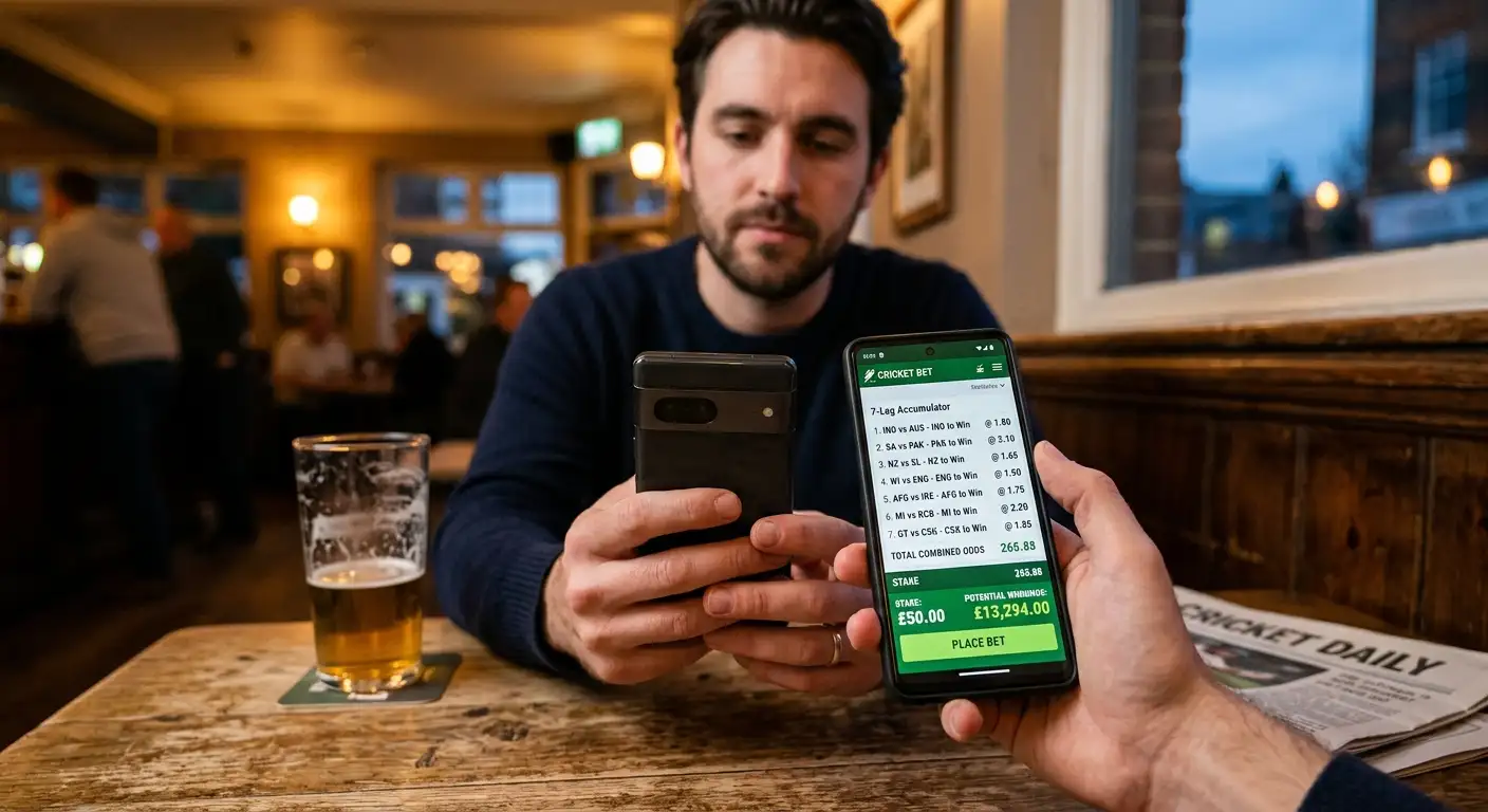 A long-odds cricket accumulator displayed on a phone screen