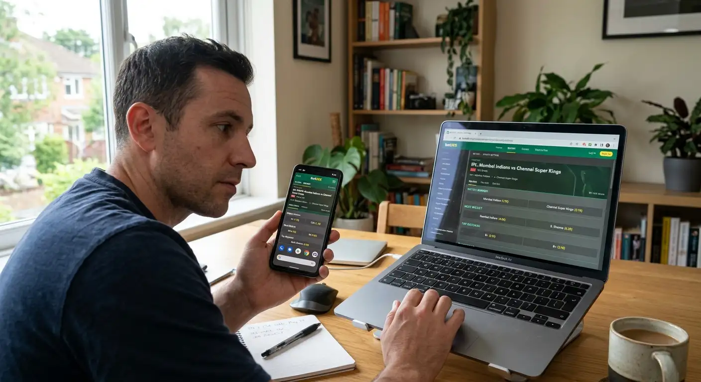A phone app and a laptop website showing the same cricket betting markets