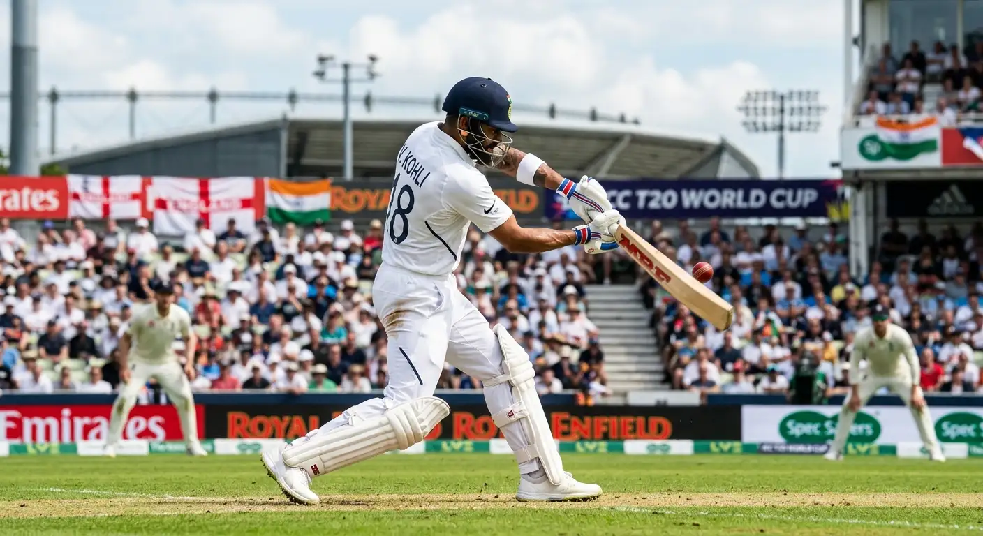 A batter playing an attacking cover drive in a cricket match