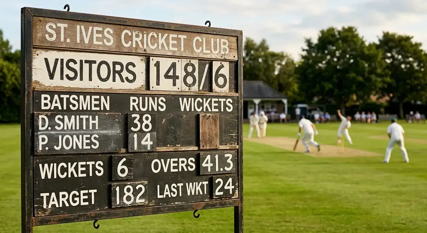 Close-up of a cricket scoreboard showing runs, wickets and overs during a match