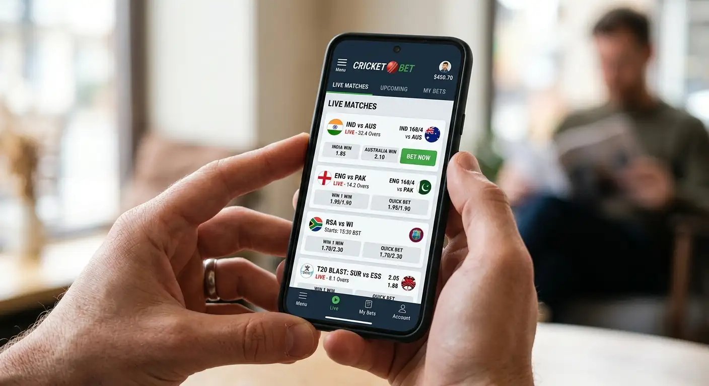 A clean cricket betting app interface showing live matches