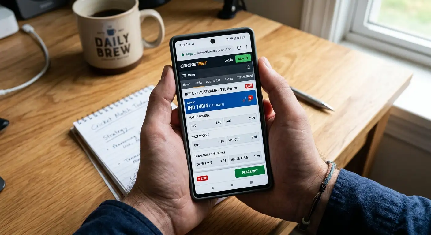 A cricket betting site open in a mobile browser on a phone