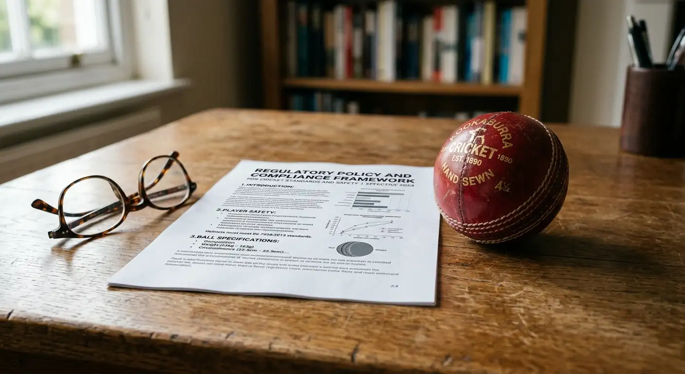 A regulatory document beside a cricket ball on a desk