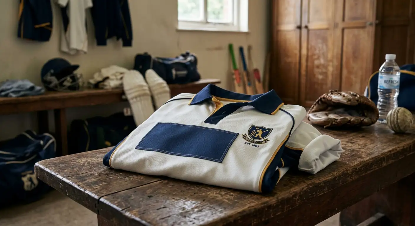 A cricket team kit with a blank sponsor panel on the chest