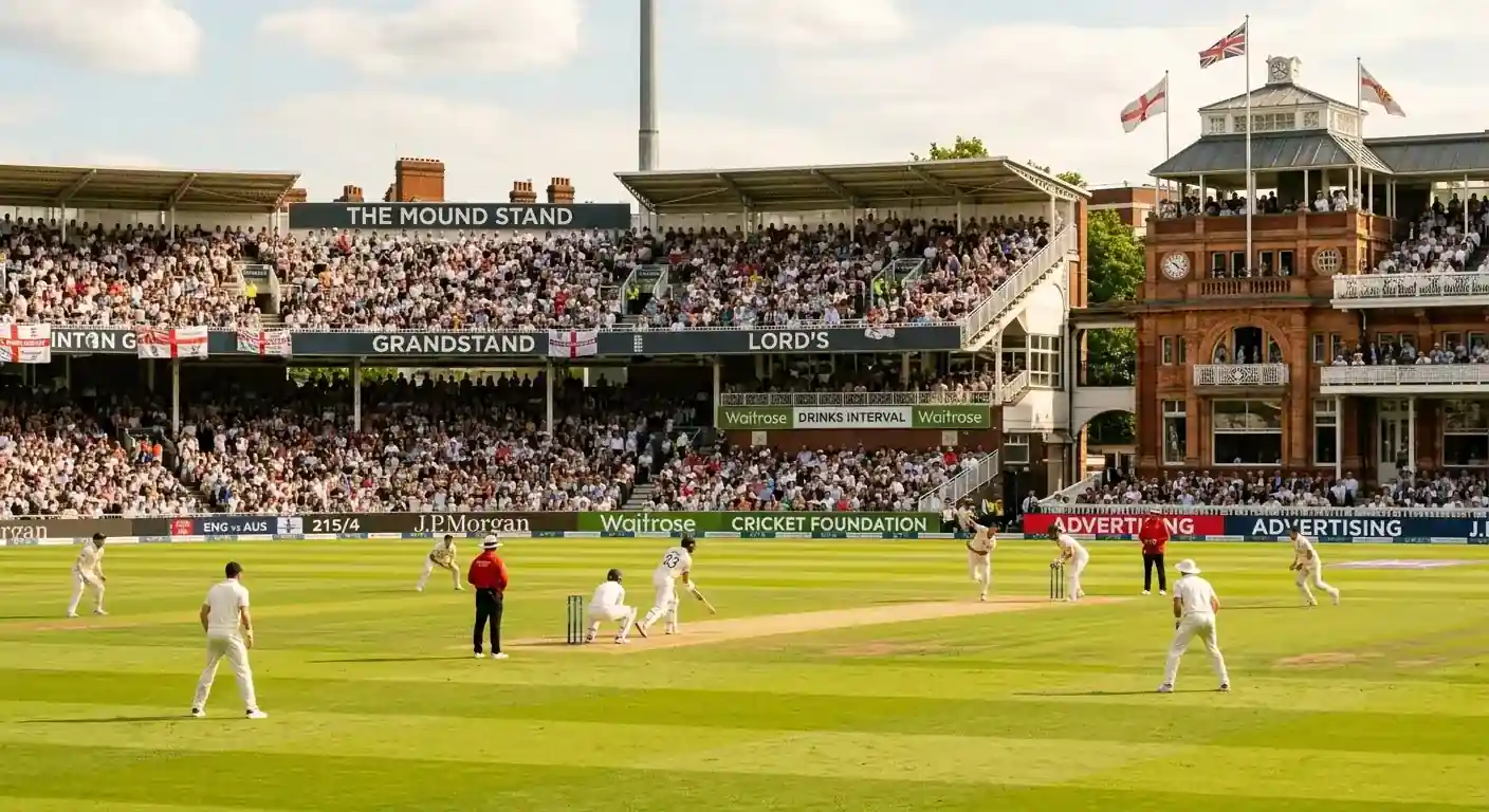 An English cricket ground busy on a match day in summer