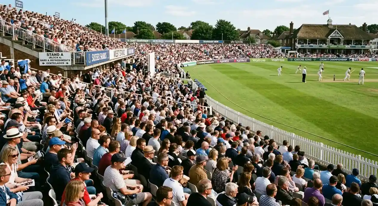 Cricket spectators in the stands at an English ground