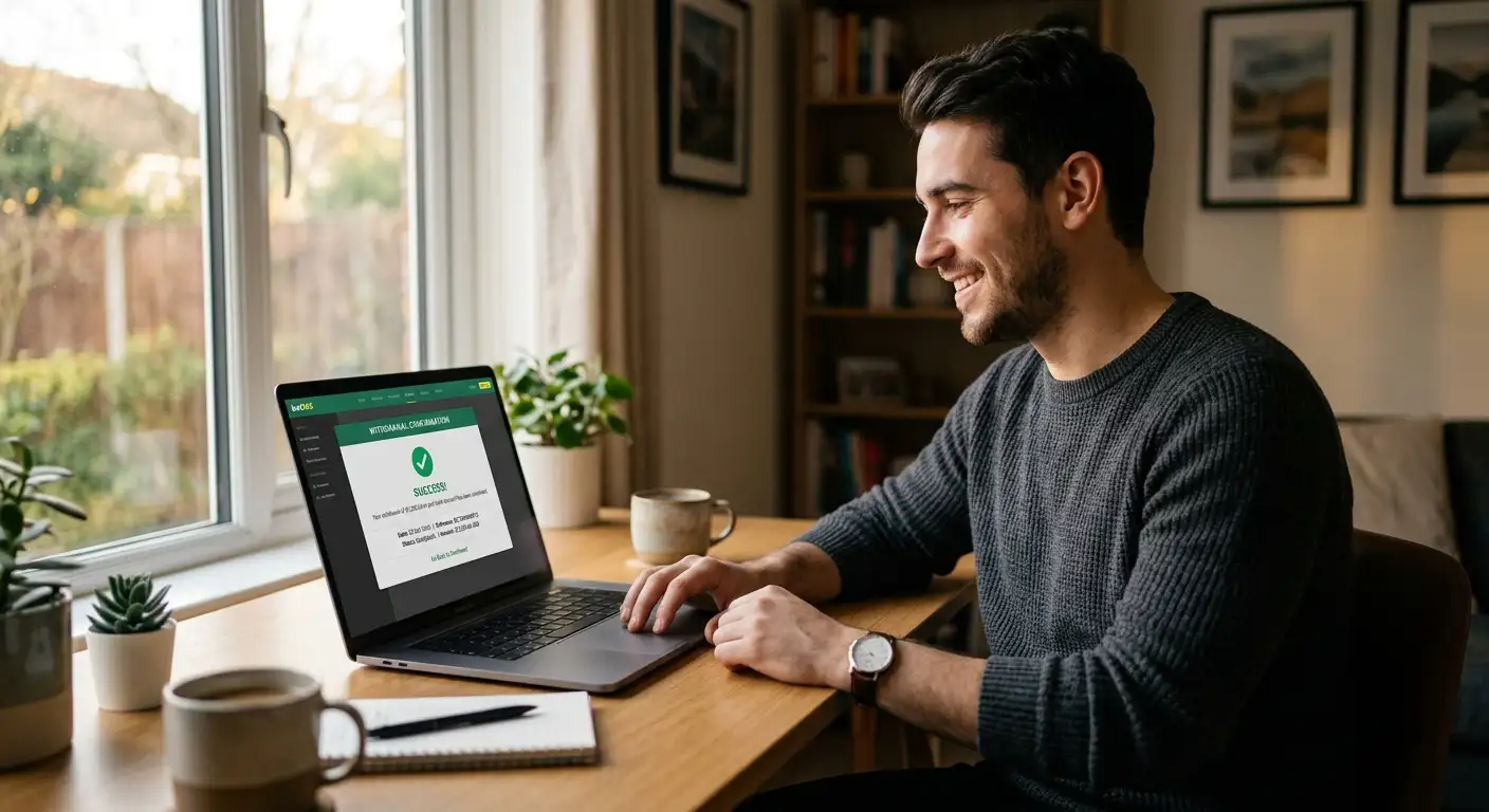 A laptop showing a completed cricket betting withdrawal back to a bank