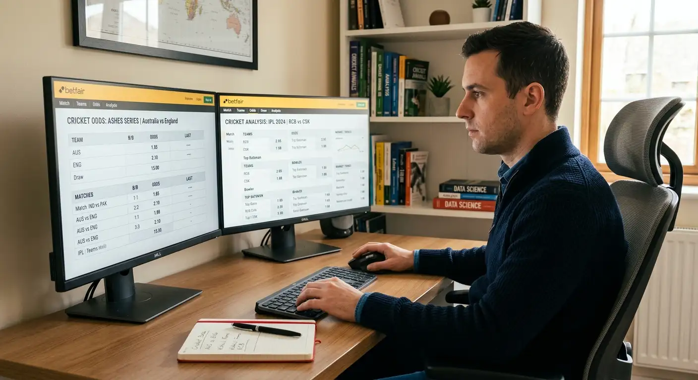 Cricket analyst comparing bookmaker odds on two screens to weigh the margin