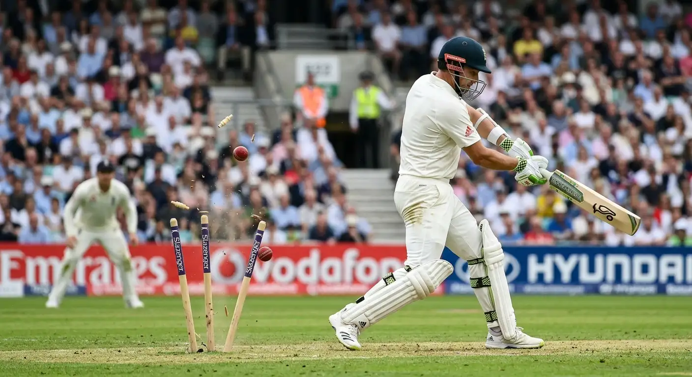 A batter bowled as the stumps are shattered by the ball