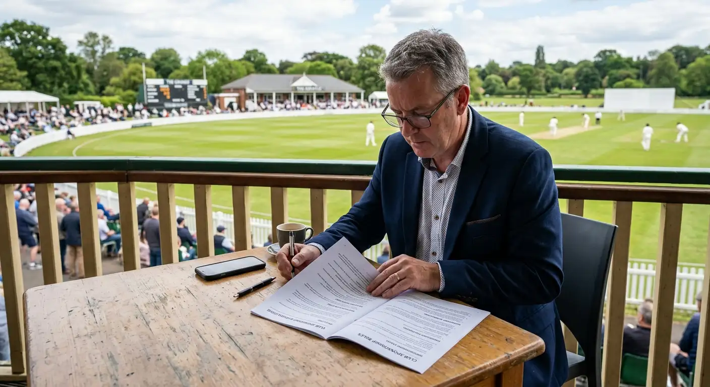 A club official reviewing sponsorship rules at a cricket ground