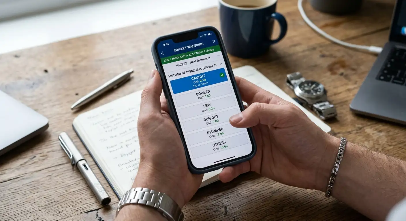 A betting screen listing method-of-dismissal markets for a cricket match