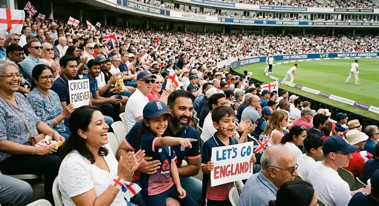 Families and young fans watching cricket from the stands
