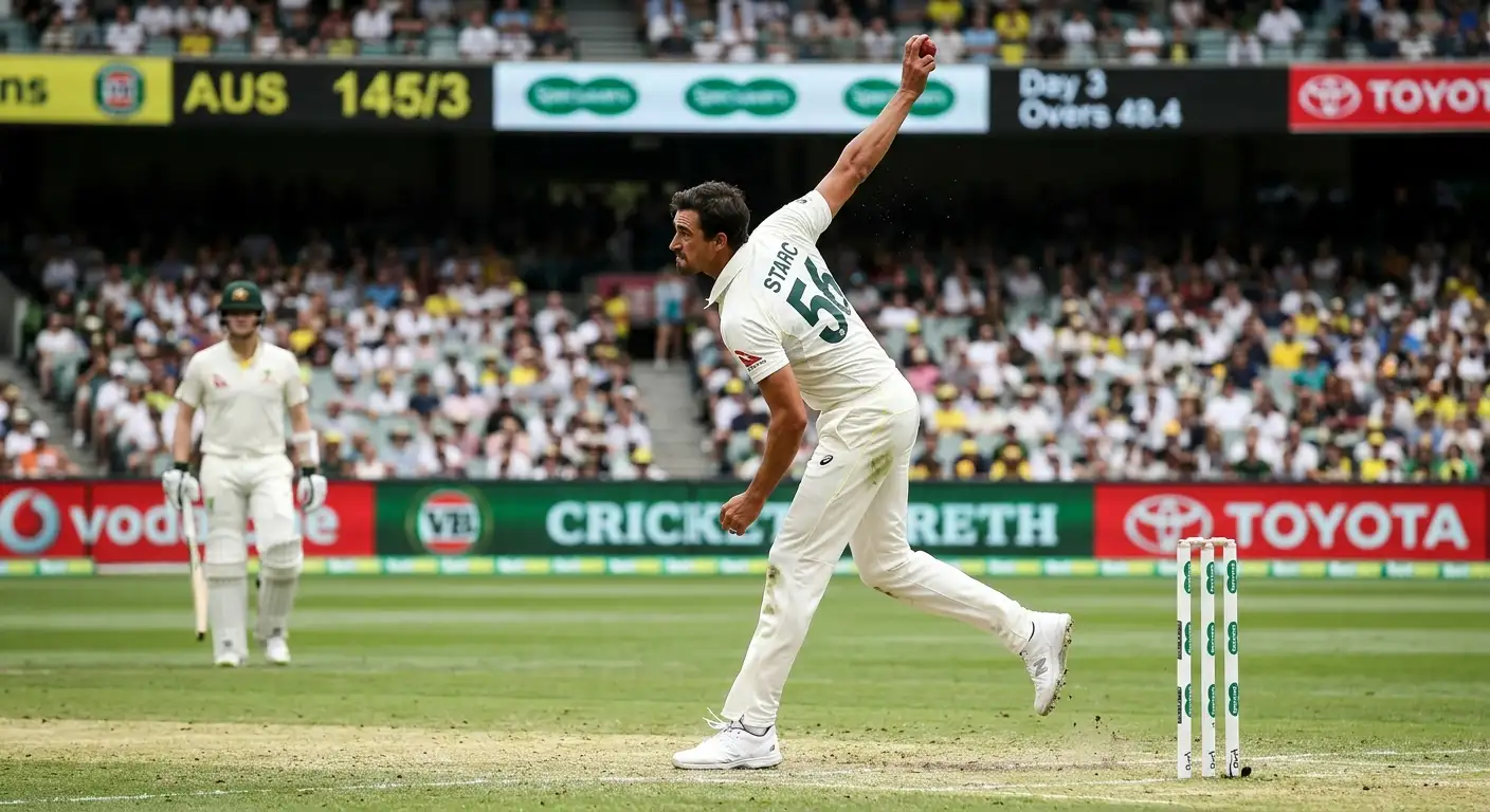 A fast bowler in full delivery stride during a cricket match