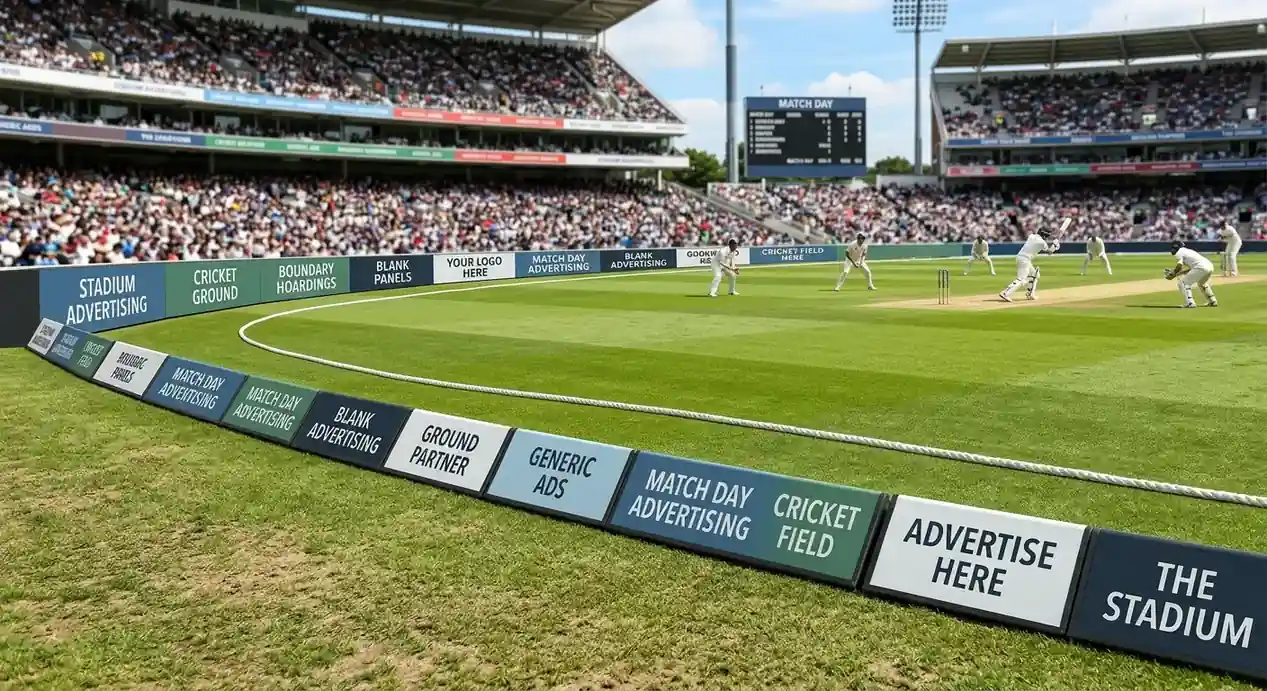 Boundary advertising boards at a professional cricket ground