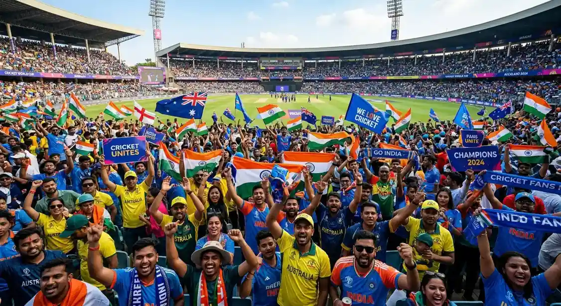 A huge crowd of cricket fans celebrating in a stadium
