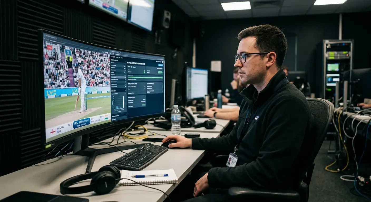 A monitoring room screen tracking a live cricket match