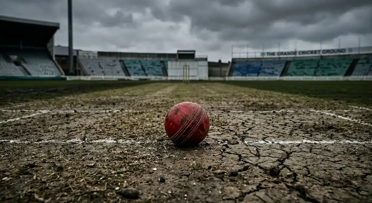 A lone cricket ball on a worn pitch under grey skies