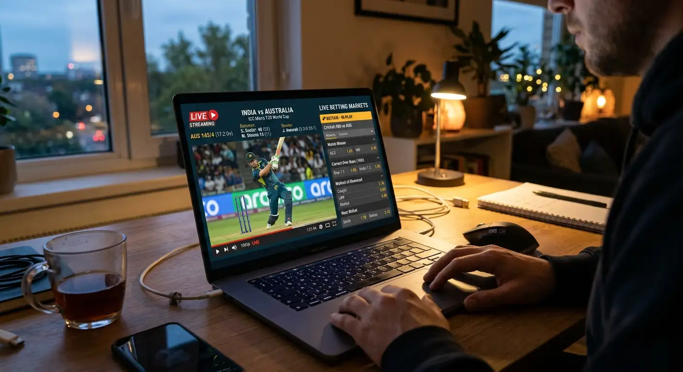A betting site streaming a cricket match with markets alongside