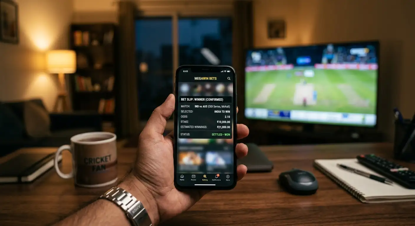 A mobile bet slip showing a cricket match winner selection