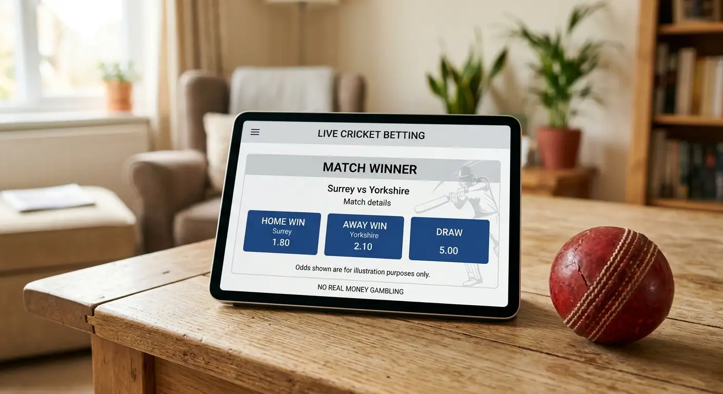 Cricket match winner betting market displayed with home, away and draw prices