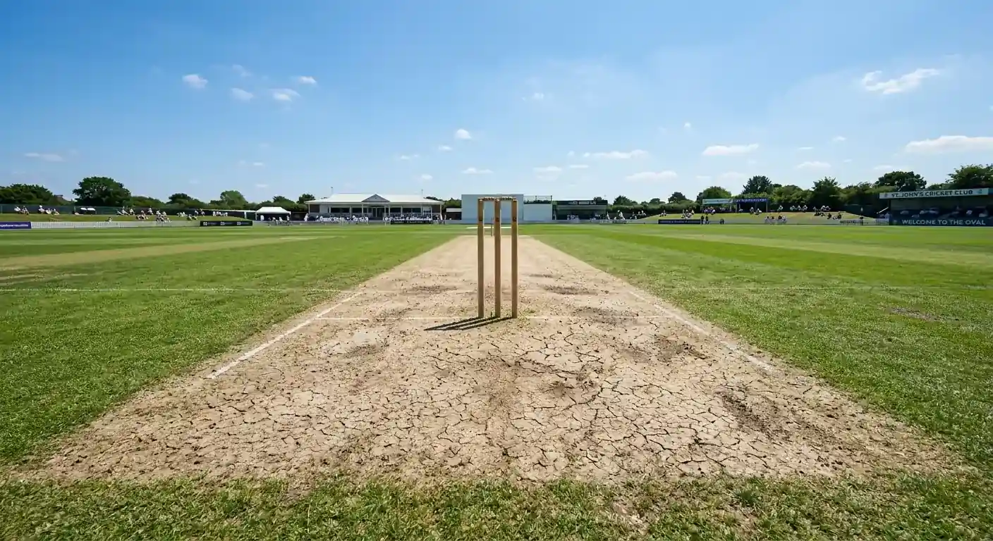A dry, cracked cricket pitch prepared for a match under clear skies