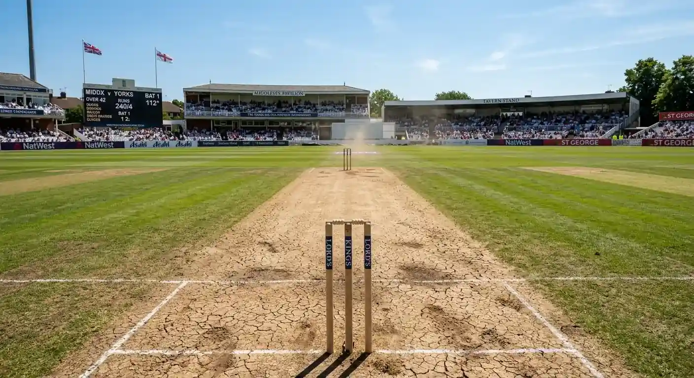 Dry cricket pitch under bright sun affecting total runs scored in a match