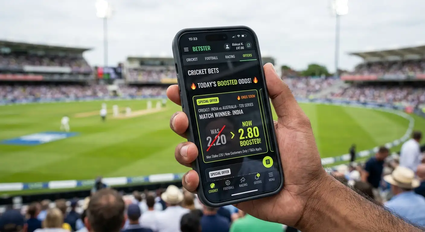 A betting app showing a boosted cricket odds promotion tile