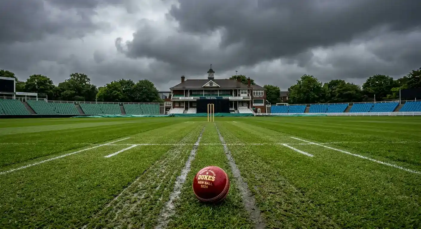Overcast seaming conditions favouring the bowlers on a green pitch