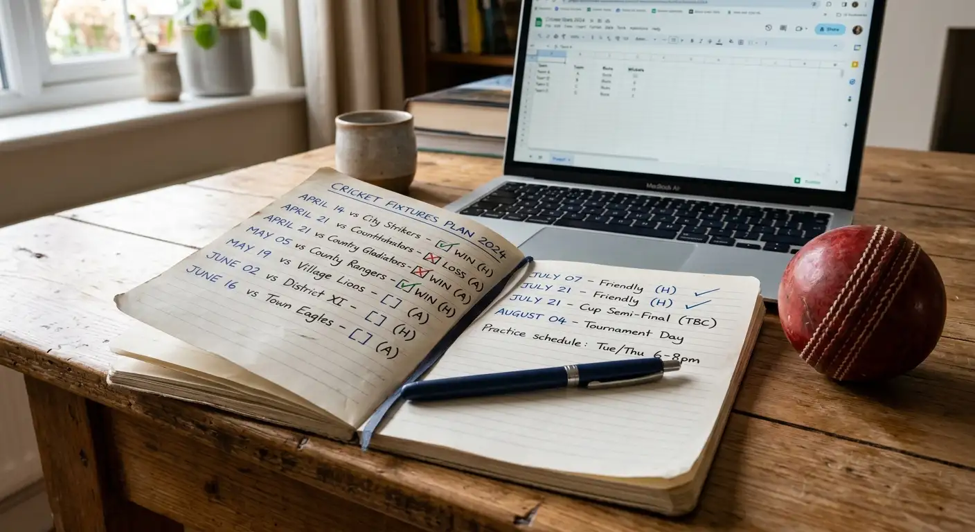 Notebook planning the cricket betting season alongside a laptop and cricket ball