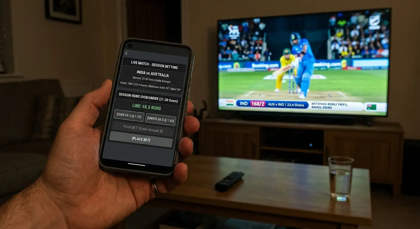 A betting screen showing a session runs over/under market in cricket