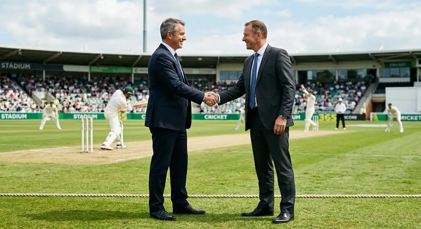 Business figures shaking hands at a cricket ground