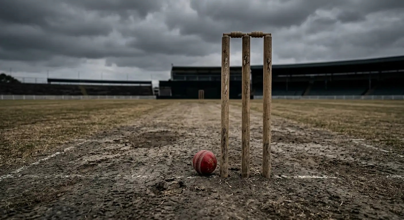 Stumps and a ball on an empty pitch conveying integrity risk