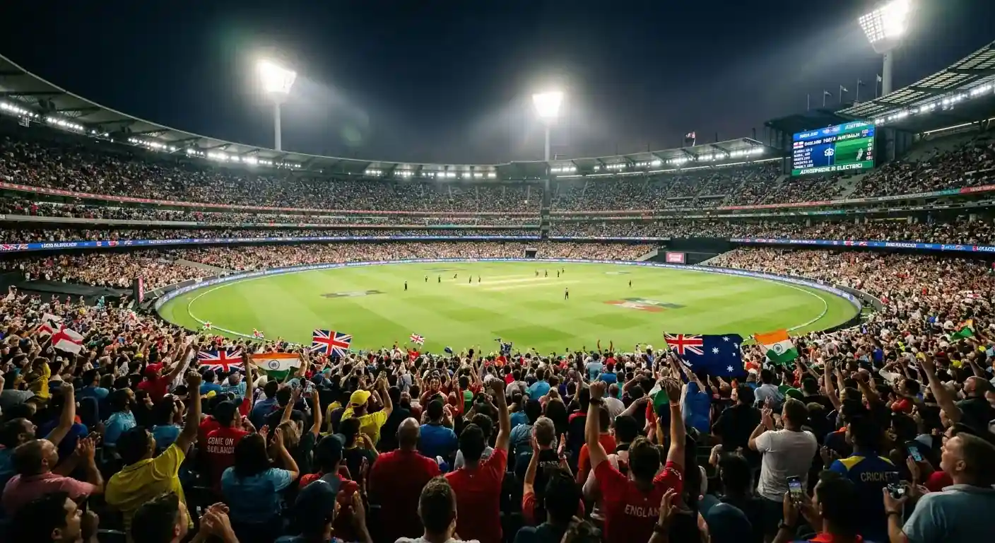 A floodlit cricket stadium packed with cheering fans at night