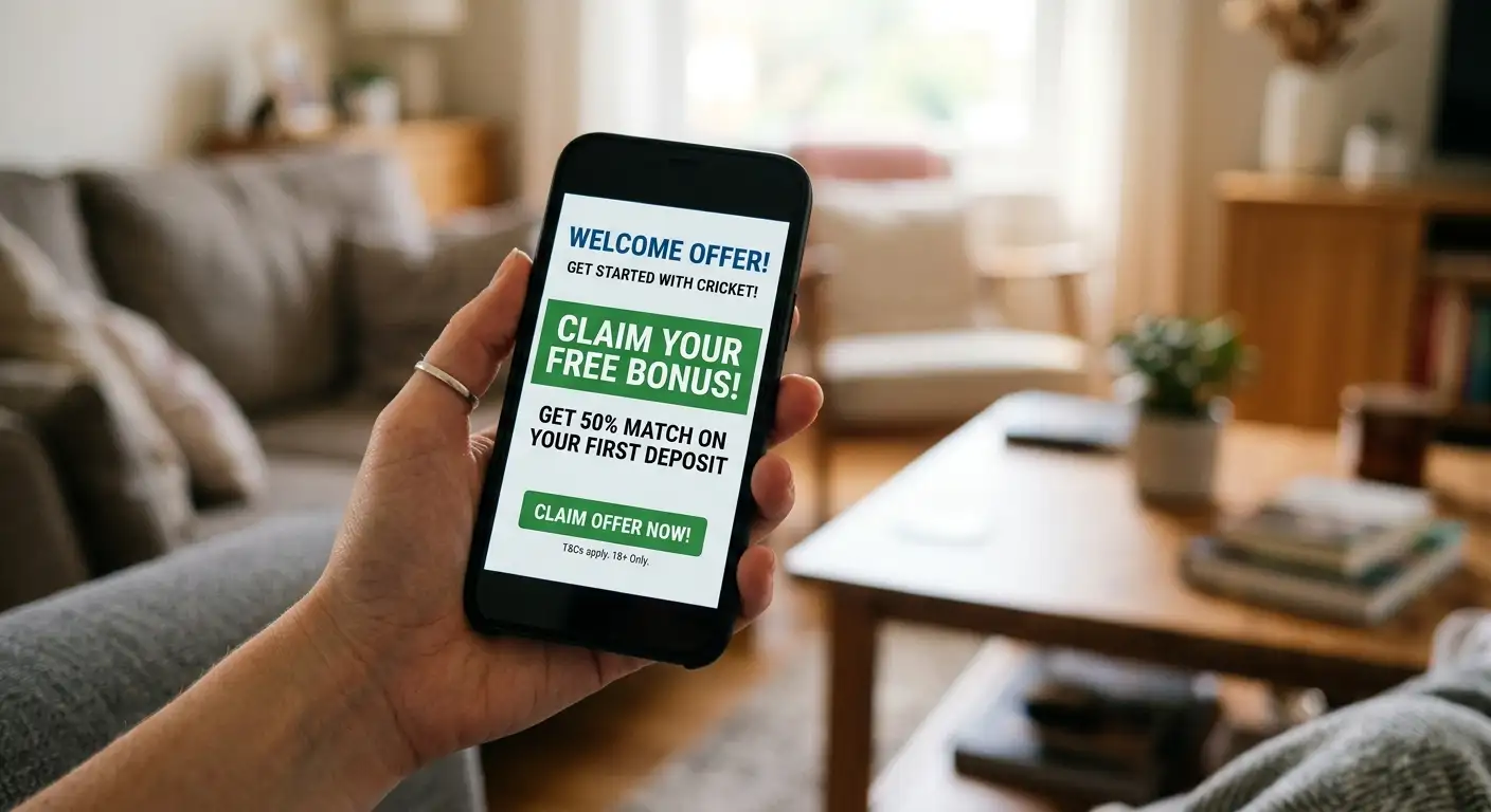 Cricket betting welcome offer promotion displayed on a smartphone screen