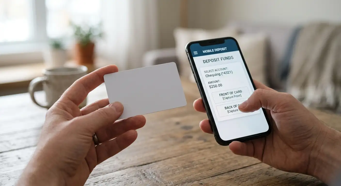 A plain debit card held near a phone for a betting deposit