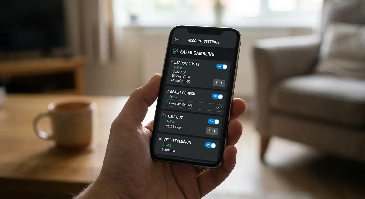 Deposit limit and reality check settings in a betting account safer-gambling menu