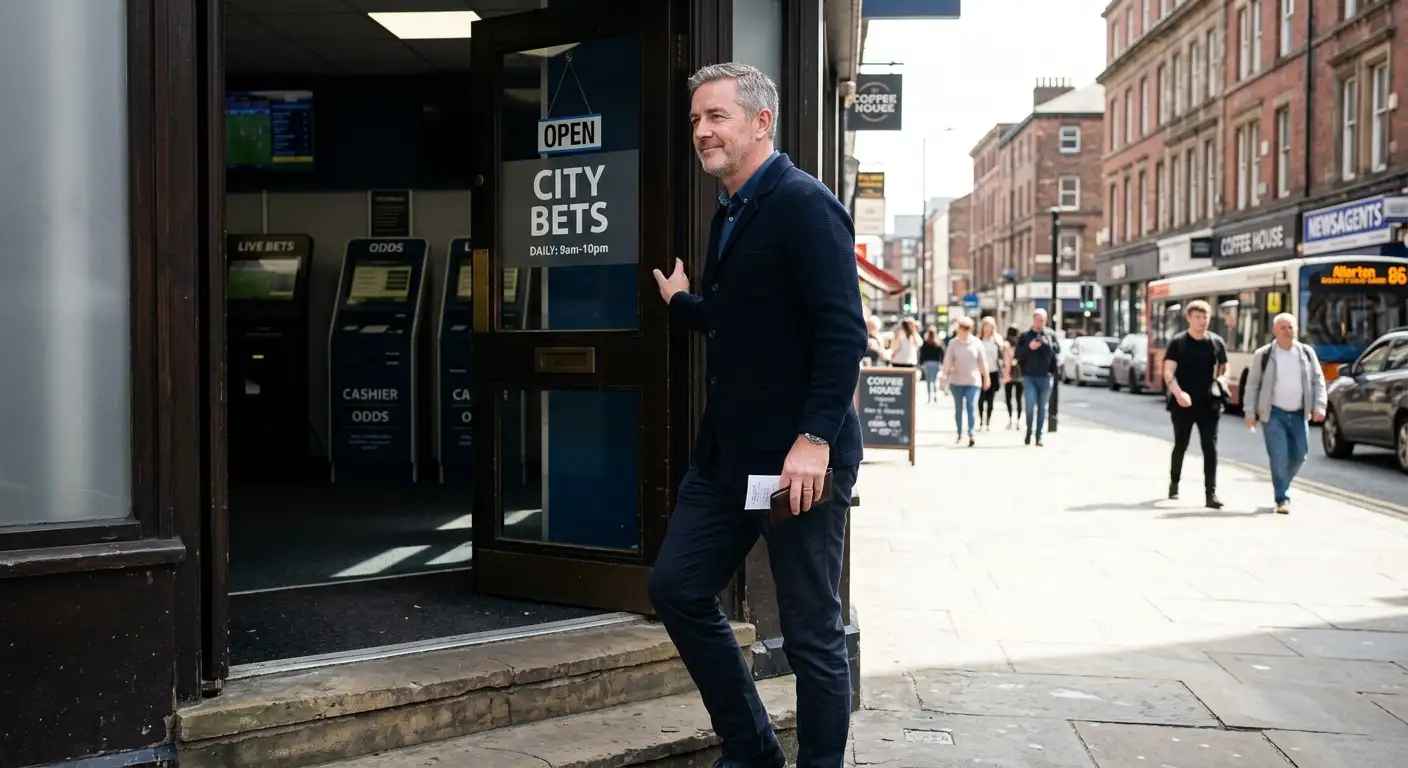 A person calmly stepping outside after closing a betting session